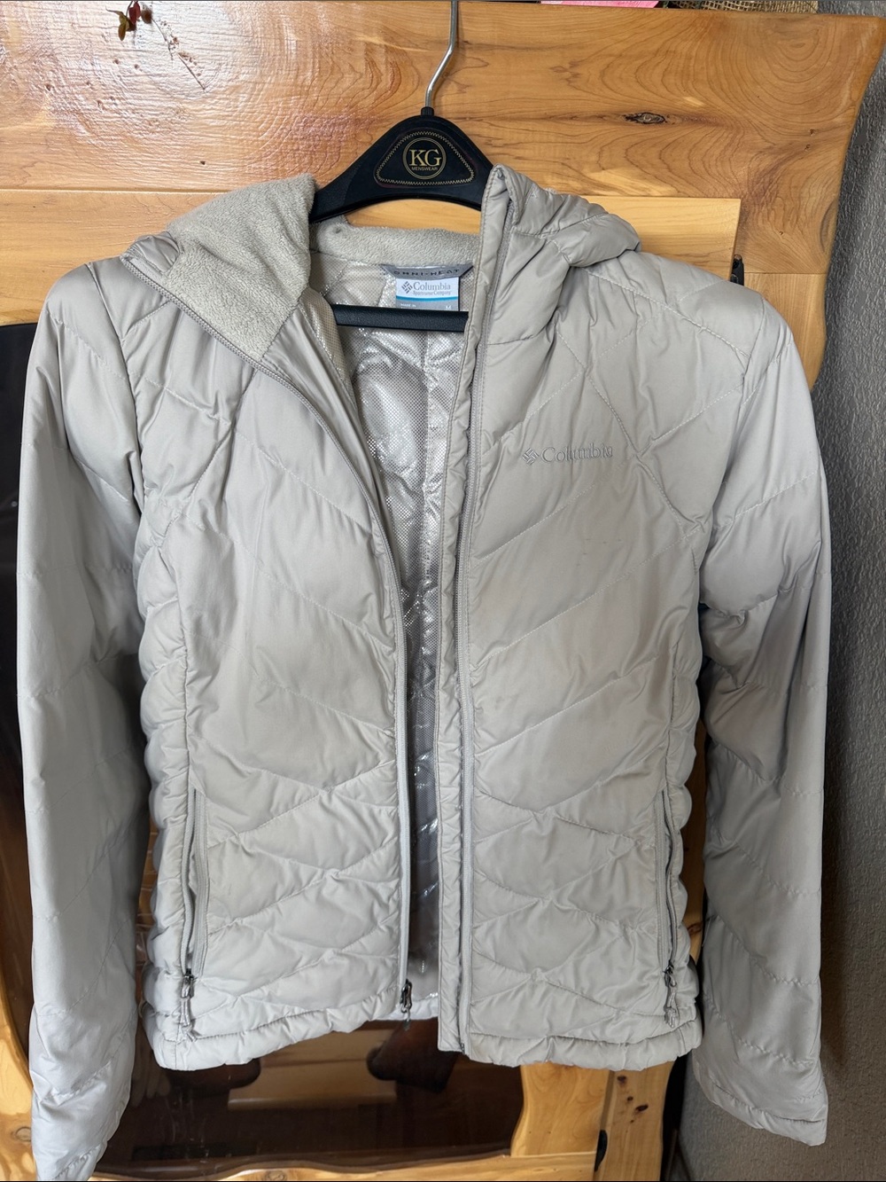 Taupe Omni heat Columbia womenโs jacket.